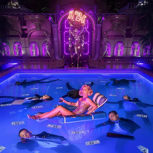 Omslagsbild där artisten Iggy Azalea sitter i en flytstol mitt i en pool.